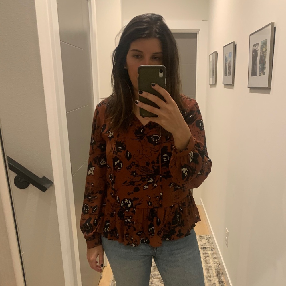 Navy and Maroon Floral Faux Peplum Top